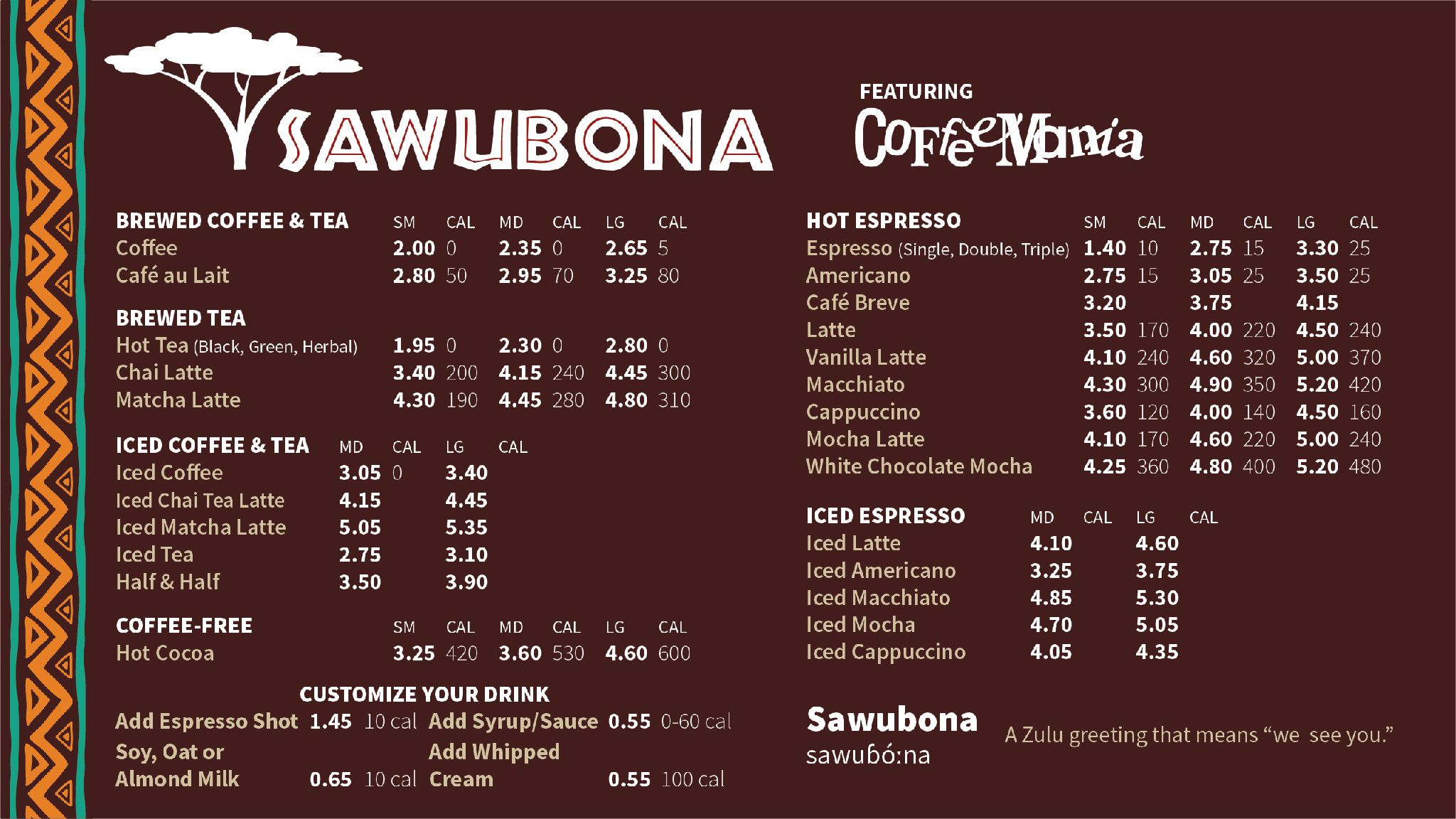 Moffett Center Drinks Menu